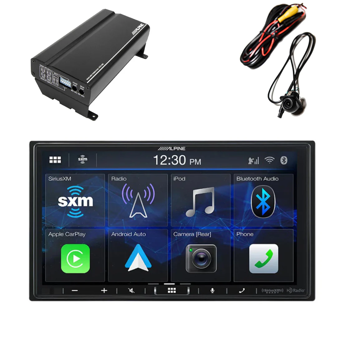 Alpine ILX-407 Digital Multimedia Receiver | KTA-450 Compact 4-Channel Amplifier | EchoMaster RVC 5721 Backup Camera- Bundle