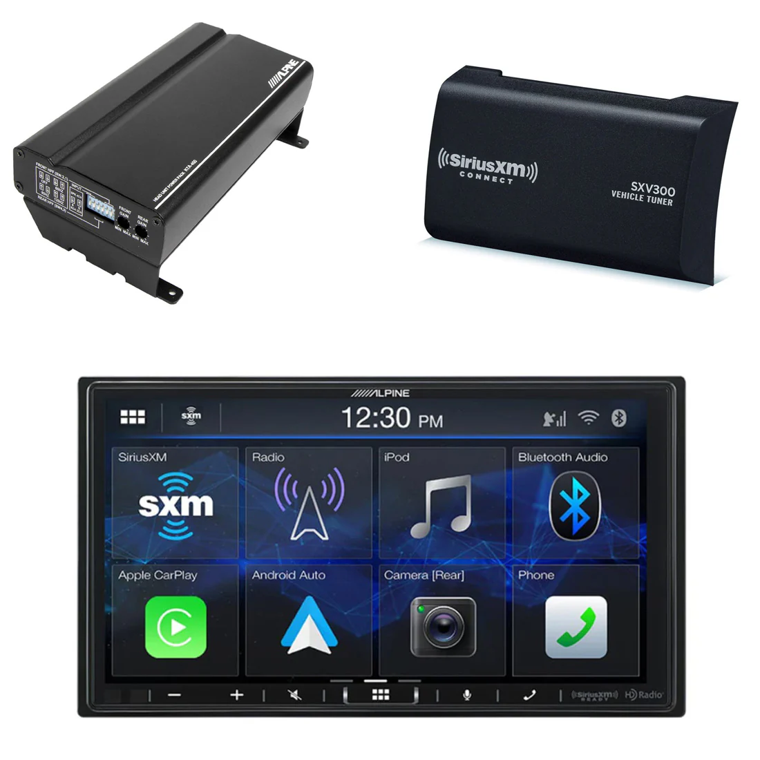 Alpine ILX-407 Digital Multimedia Receiver | KTA-450 Compact 4-Channel Amplifier | SiriusXM SXV300V1C Vehicle Tuner - Bundle