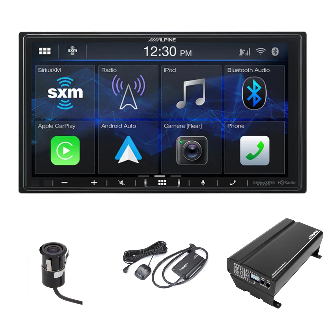 Alpine ILX-407 Digital Multimedia Car Receiver | Alpine KTA-450 Compact 4-Channel Car Amplifier | EchoMaster CAM551 Backup Camera | SiriusXM SXV300V1C Connect Vehicle Tuner- Bundle