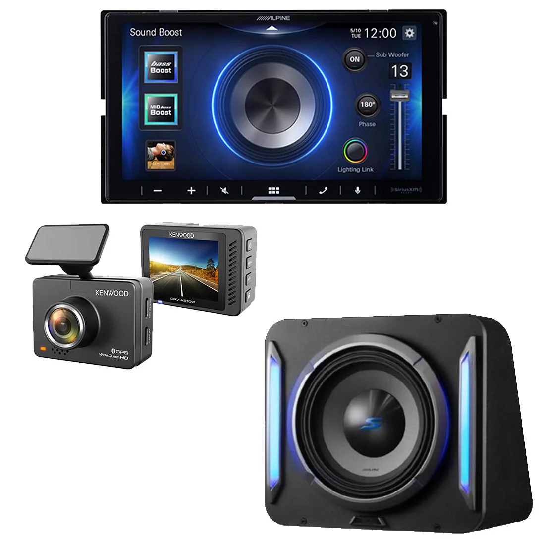 Alpine iLX-W670 Digital Multimedia Receiver | S2-SB12 10" Subwoofer Enclosure | Kenwood DRV-A510W HD Dash Cam - Bundle
