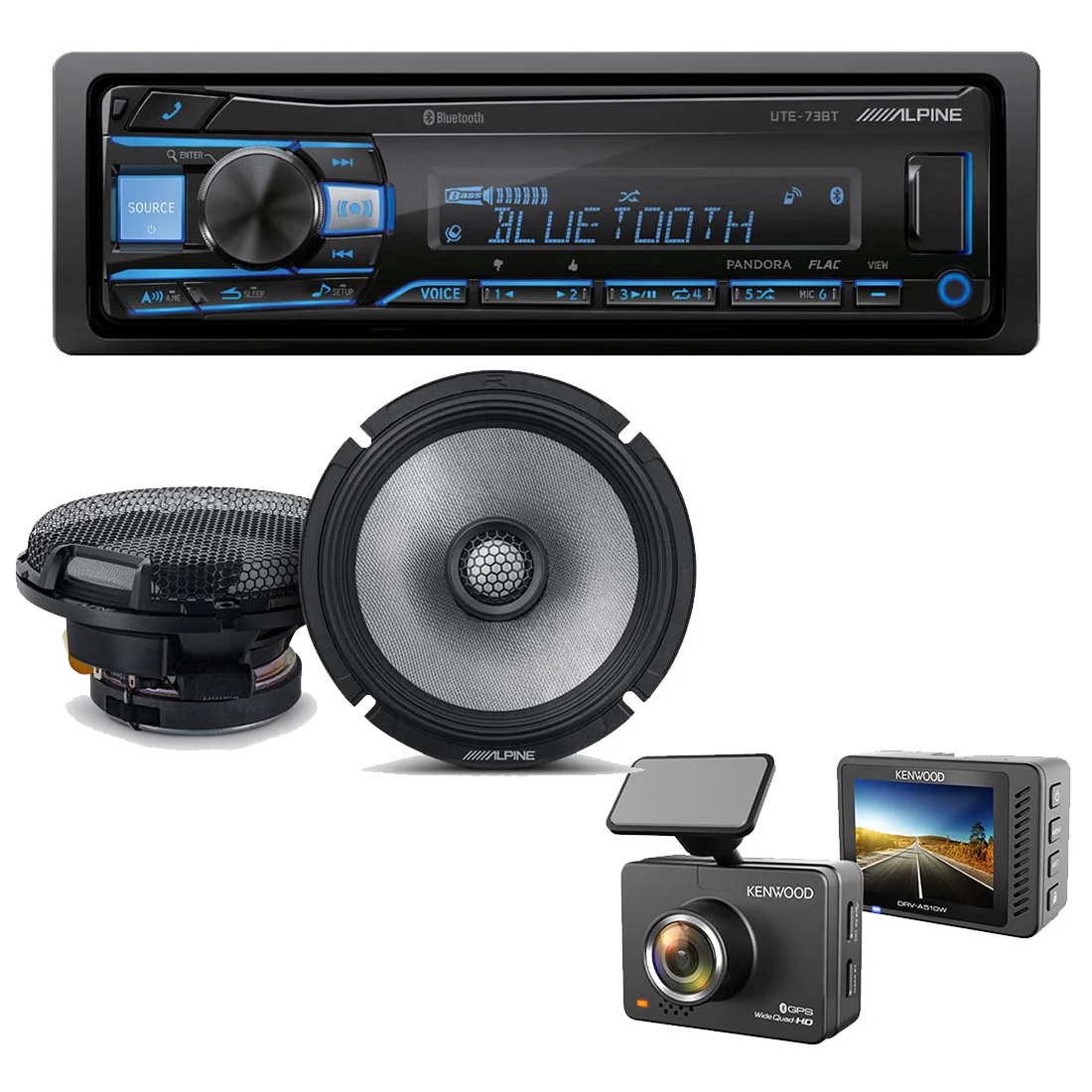 Alpine UTE-73BT Digital Media Receiver | R2-S65 6.5" Speaker Set | Kenwood DRV-A510W Dash Cam - Bundle