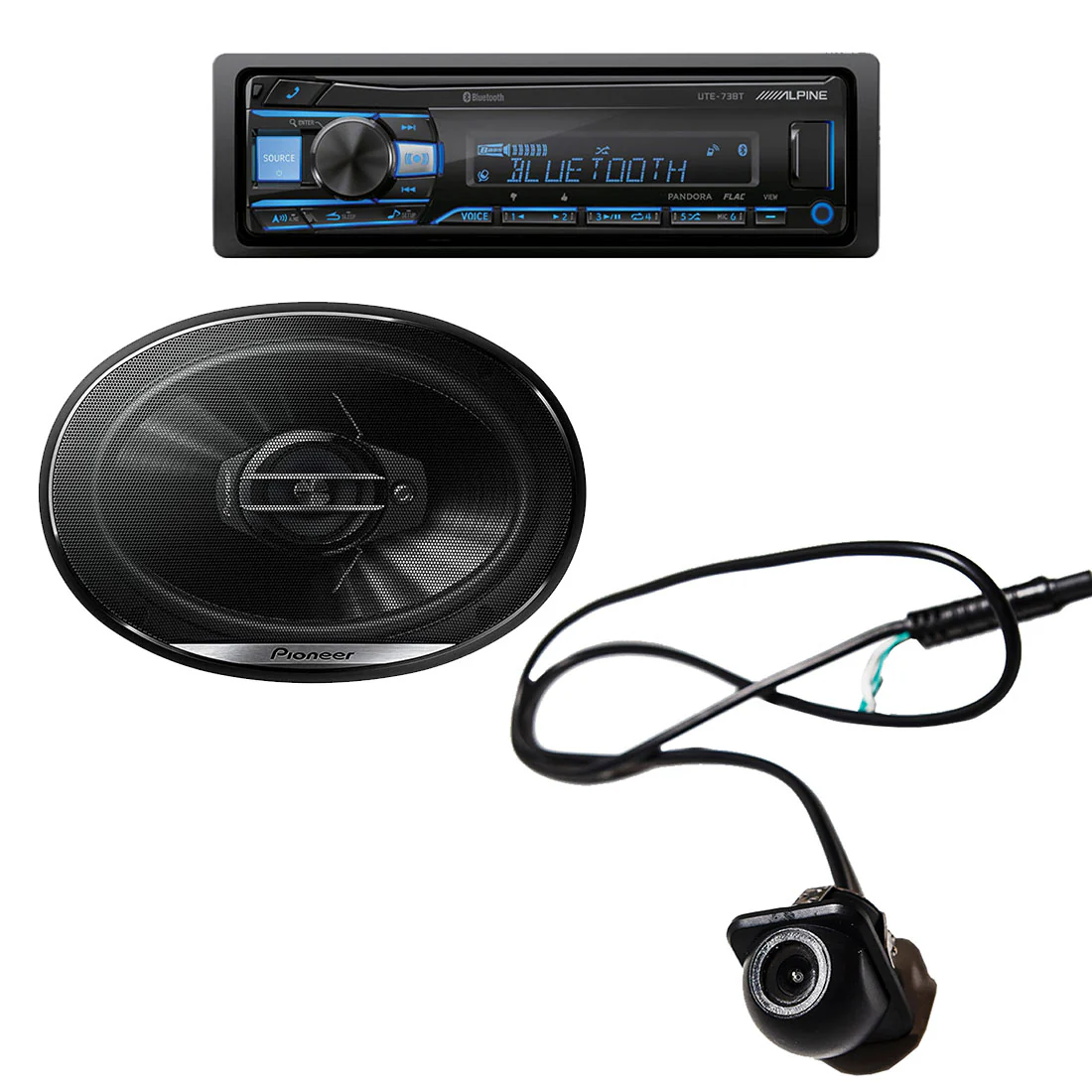 Alpine UTE-73BT Digital Media Receiver | Pioneer TS-G6930F 6x9" Car Speakers | EchoMaster RVC 5721 Rear/Front View Backup Camera - Bundle