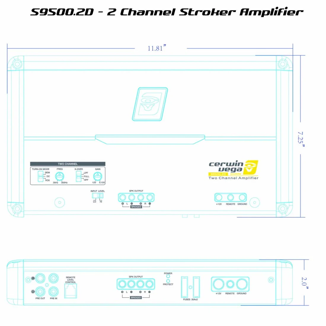 Cerwin Vega S9500.2D Stroker 500W RMS Class-D Digital 2 Channel Amplifier (S9500.2D) - Image 3