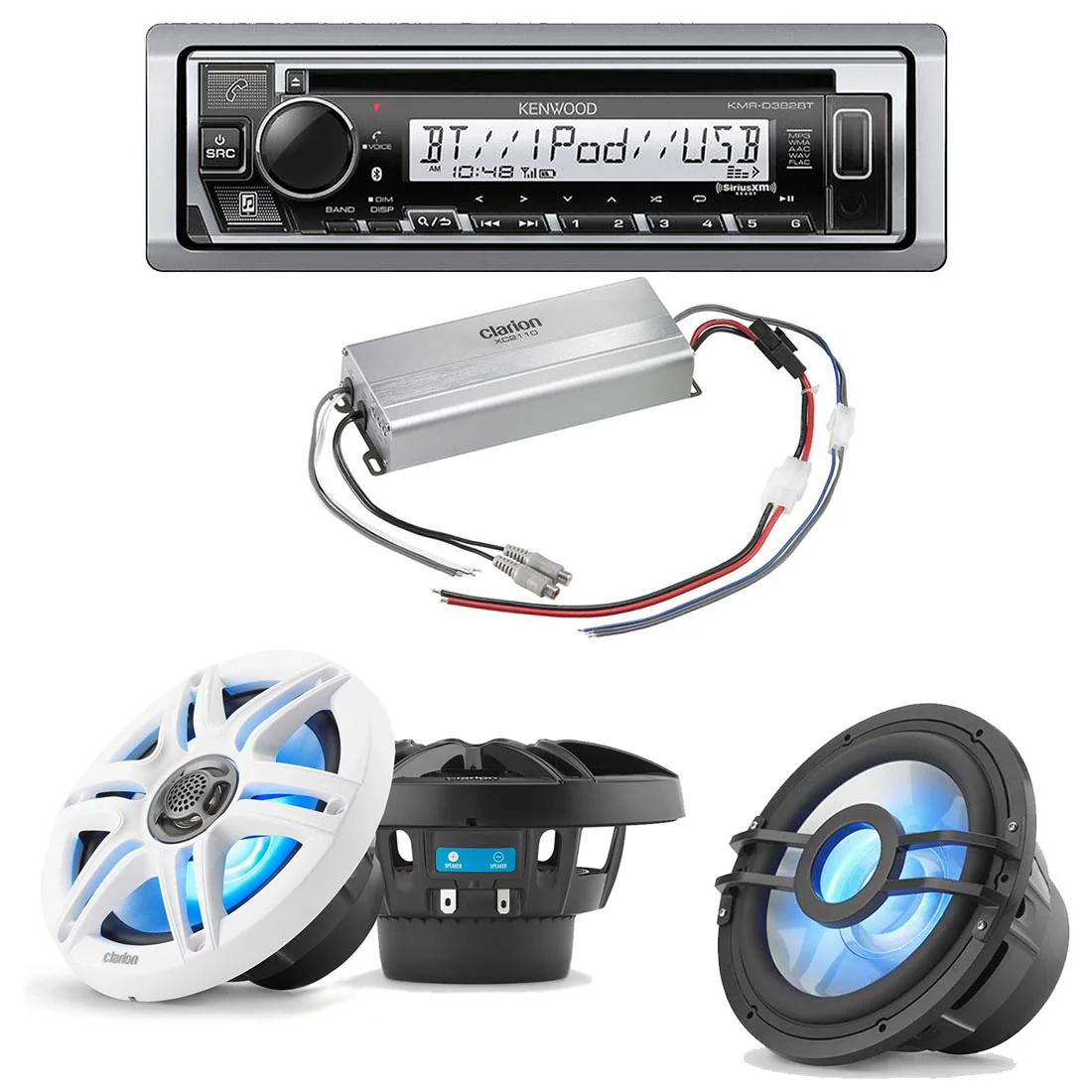 Kenwood KMR-D382BT Marine CD-Receiver | Clarion CMS-651 Marine Speakers | Clarion XC2110 Marine Amplifier | Clarion CMSP-101RGB-4 10" Marine Subwoofer - Bundle