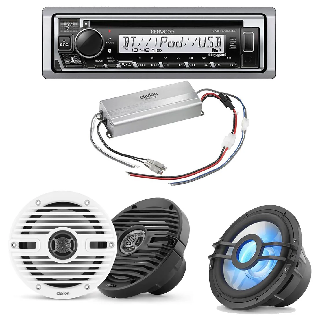 Kenwood KMR-D382BT Marine CD-Receiver | Clarion CMS-651 Marine Speakers | Clarion XC2110 Marine Amplifier | Clarion CMSP-101RGB-4 10" Marine Subwoofer - Bundle