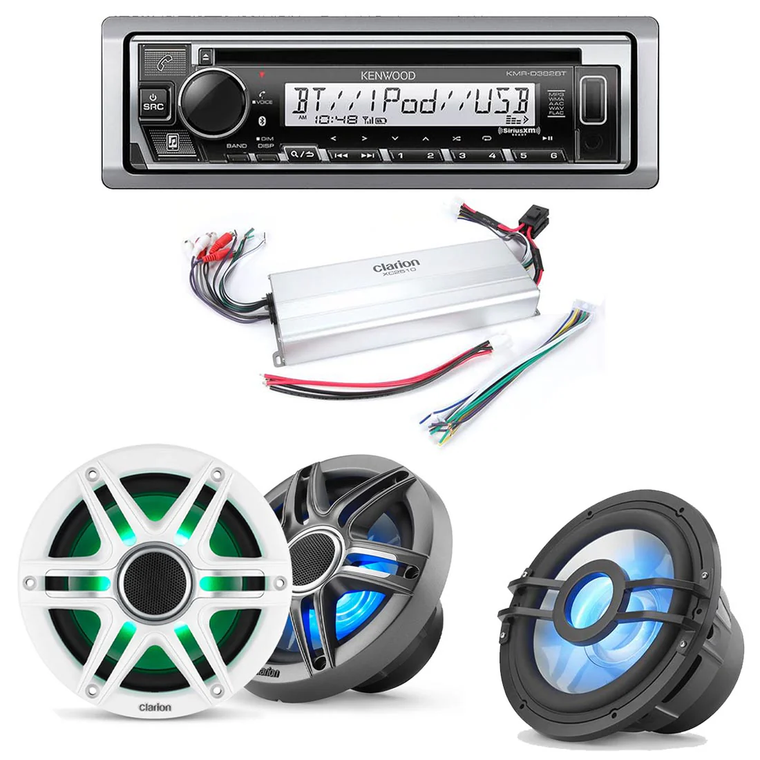 Kenwood KMR-D382BT Marine CD-Receiver | Clarion CMSP-651RGB-SWG Marine RGB Speakers | Clarion XC2510 Compact Class D 5-Channel Marine Amplifier | Clarion CMSP-101RGB-4 10" Marine Subwoofer - Bundle