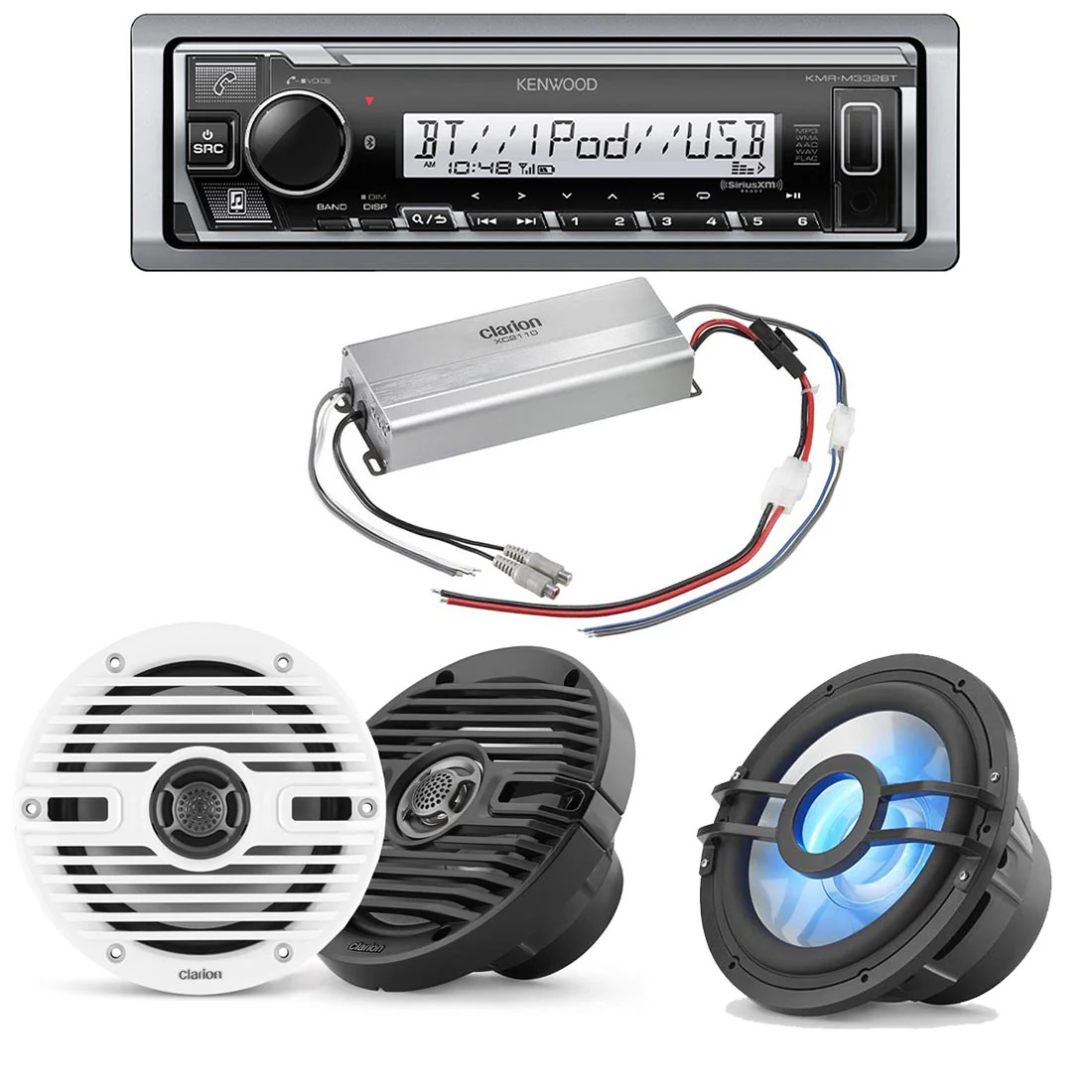Kenwood KMR-M332BT Marine Digital Media Receiver | Clarion CMS-651 Marine Speakers | Clarion XC2410 Marine Amplifier | Clarion CMSP-101RGB-4 10" Marine Subwoofer - Bundle
