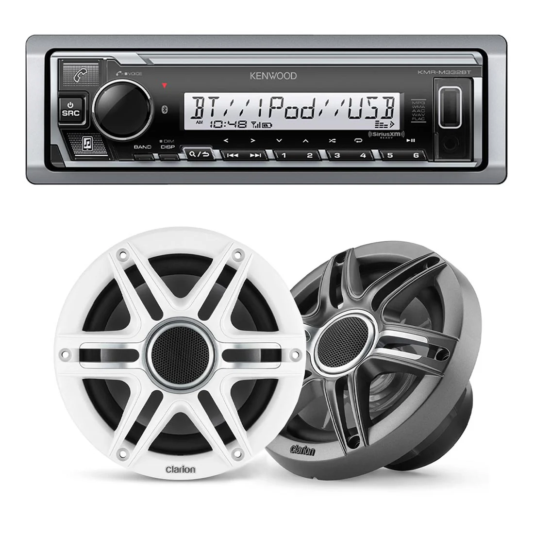 Kenwood KMR-M332BT Marine Digital Media Receiver | Clarion CMSP-651-SWG 6.5" Marine Speakers - Bundle