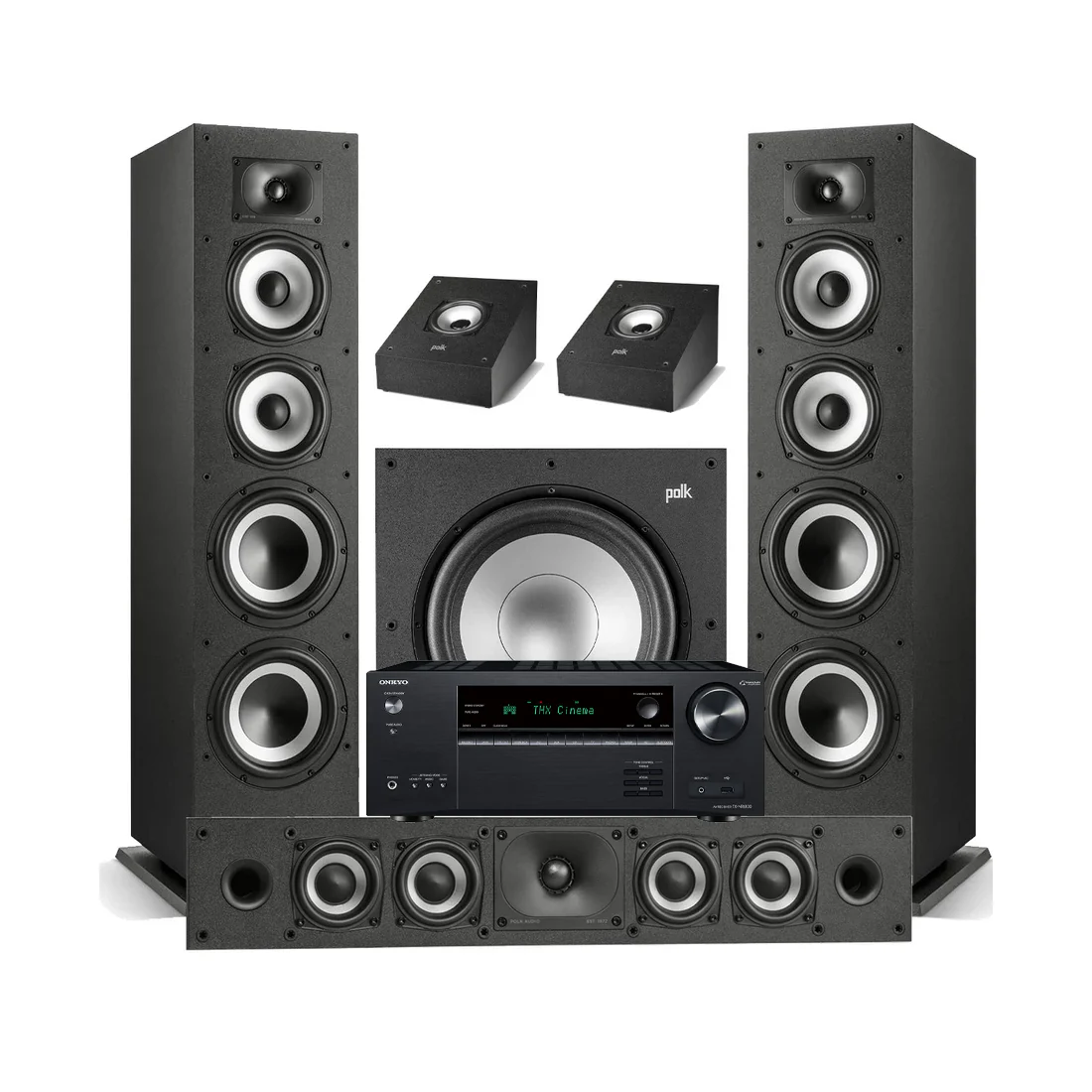 Onkyo TX-NR6100 7.2 Channel THX Certified Network A/V Receiver | Polk Audio Monitor XT70 Floor Standing Loudspeakers - Pair | XT35 Center Channel | XT90 Height Speaker - Pair | XT12 12 - Subwoofer - Bundle