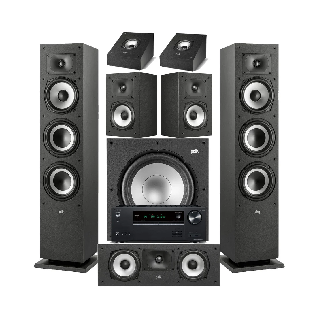 Onkyo TX-NR6100 7.2 Channel THX Certified Network A/V Receiver | Polk Audio XT60 Floor Standing Speakers - Pair| Monitor XT30 Center Channel | XT15 Bookshelf Speakers | XT90 Height Speaker | XT12 12 - Powered Subwoofer - Bundle