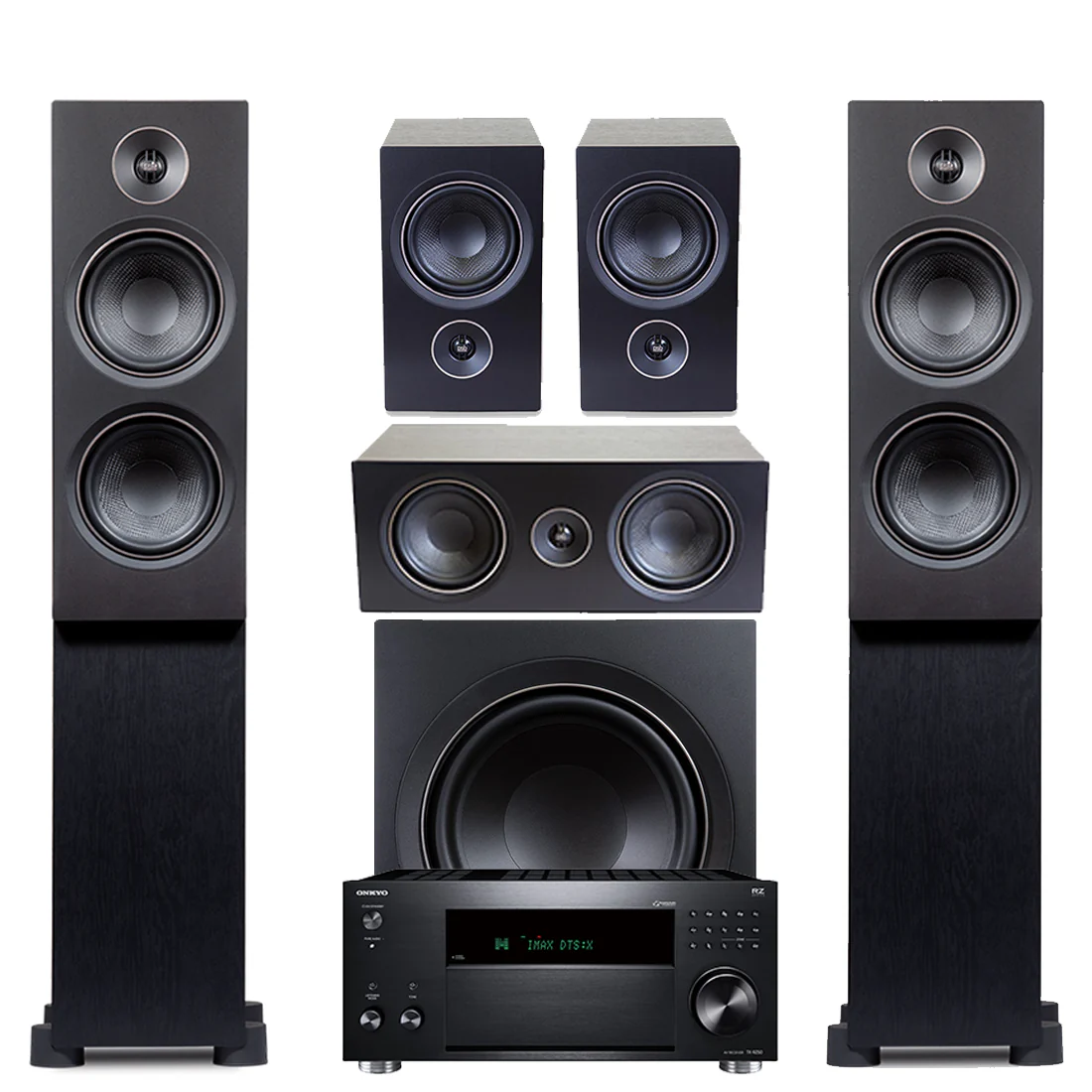 Onkyo TX-RZ50 9.2 Ch Receiver | PSB Alpha T20 Floor Standing Speakers | Alpha C10 Center Channel Speaker | Alpha P5 Bookshelf Speakers | Alpha S10 150W Powered Subwoofer - Bundle