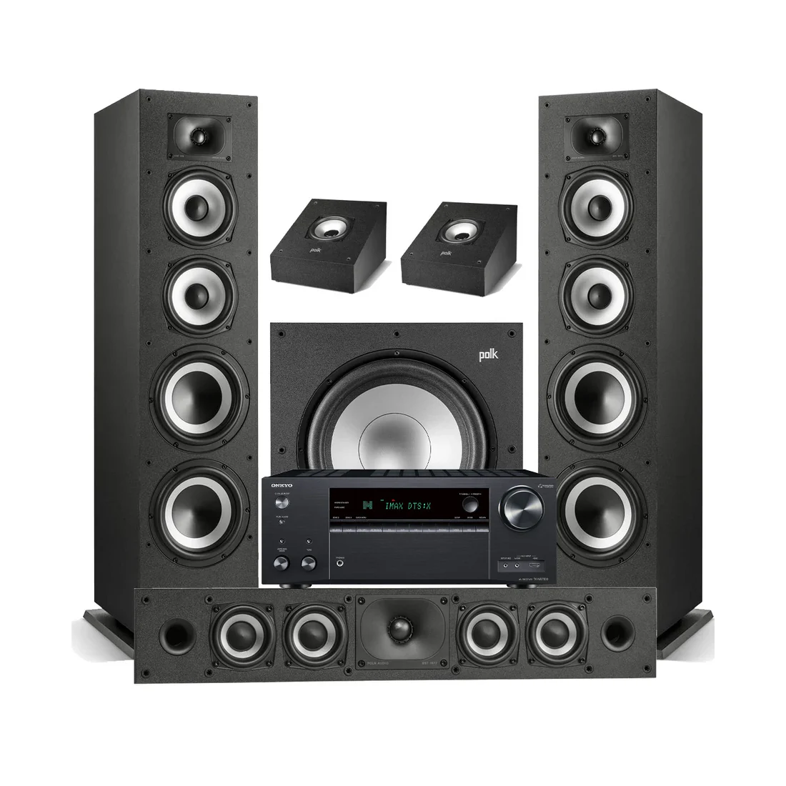 Onkyo TX-NR7100 9.2 Channel THX Certified Network A/V Receiver | Polk Audio Monitor XT70 Floor Standing Loudspeakers - Pair | XT35 Center Channel | XT90 Height Speaker - Pair | XT12 12 - Subwoofer - Bundle
