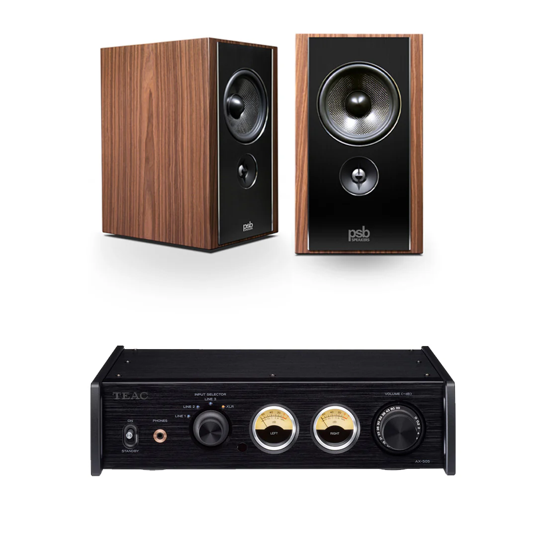 PSB Synchrony B600 Satin Walnut Premium Bookshelf Speakers - Pair | TEAC AX505B Integrated Amplifier - Bundle