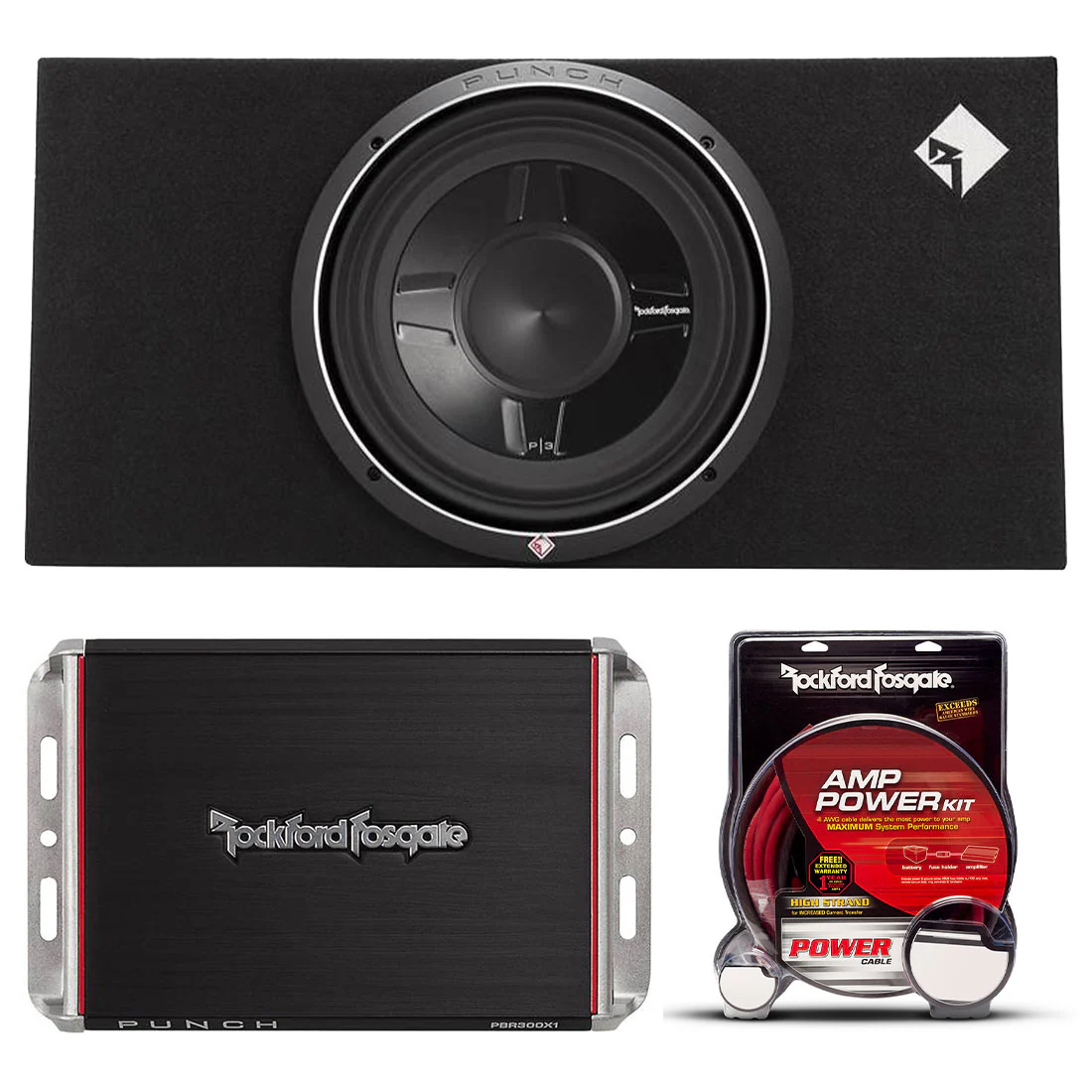 Rockford Fosgate P3S-1X12-BUNDLE 12" Loaded Truck-Style Enclosure | PBR300X1 Compact Amplifier | RFK8I Installation Kit (P3S1X12BUNDLE)