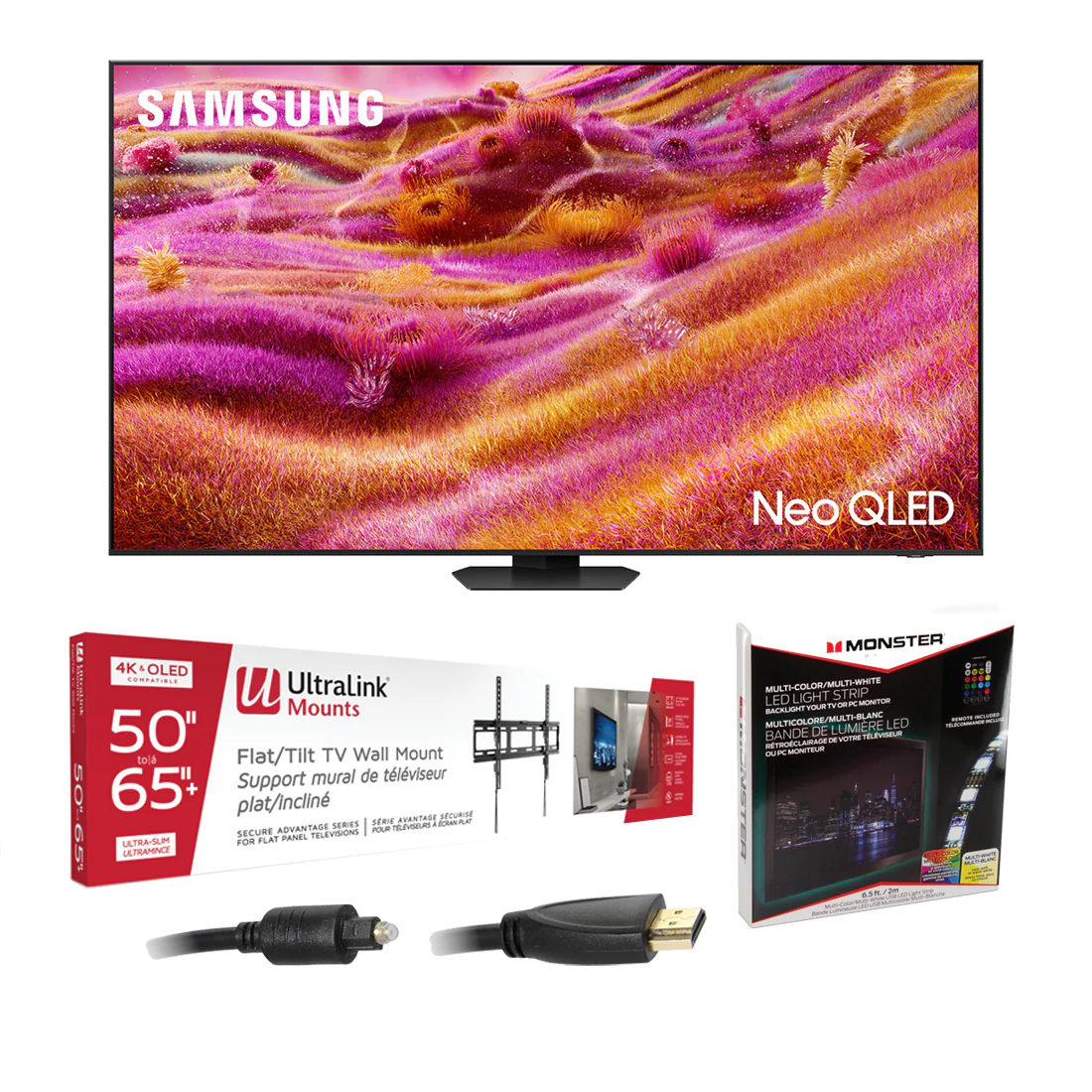 Samsung QN65QN90FAFXZC 65" Neo QLED 4K Vision AI Smart TV | Ultralink KIT3LED Home Entertainment Starter Kit Bundle